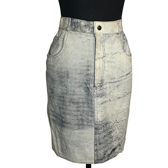 VTG Pia Rucci Acid Wash Jean Look Leather Mini Skirt NOS tags size 6 190$ orig - Picture 1 of 10